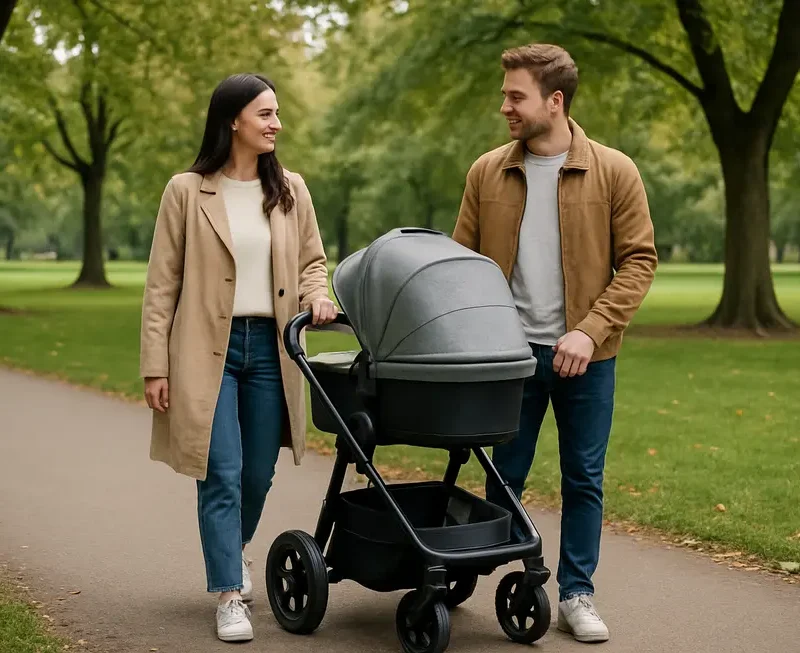 Parents using a modern stroller in a park, showcasing essential features and ease of use.