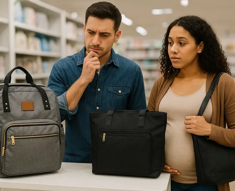 An expecting couple evaluating backpack and tote options in a retail setting.