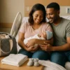 A family in a hospital room with their packed bag and all essentials, ready for the baby’s arrival.