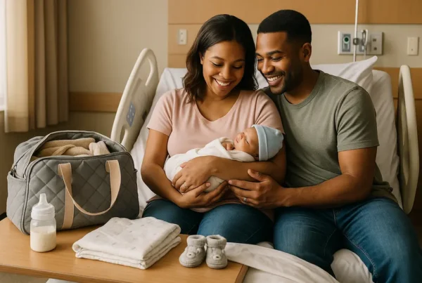 A family in a hospital room with their packed bag and all essentials, ready for the baby’s arrival.