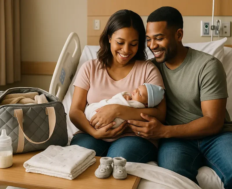 A family in a hospital room with their packed bag and all essentials, ready for the baby’s arrival.