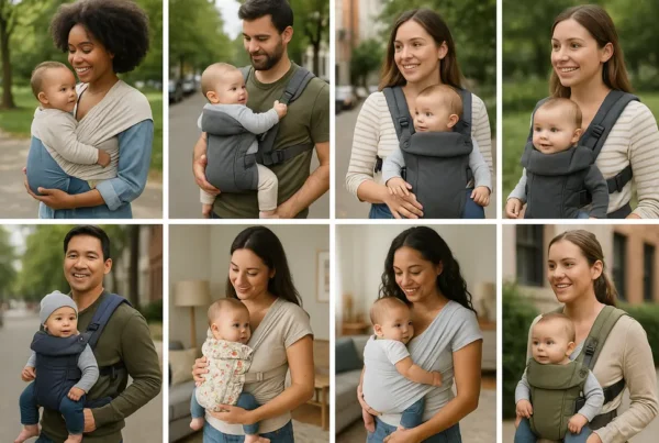 Parents with babies in different carriers across various environments, showcasing ease and adaptability.