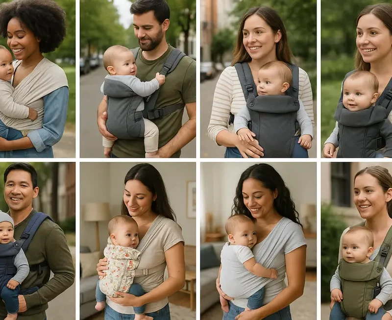 Parents with babies in different carriers across various environments, showcasing ease and adaptability.