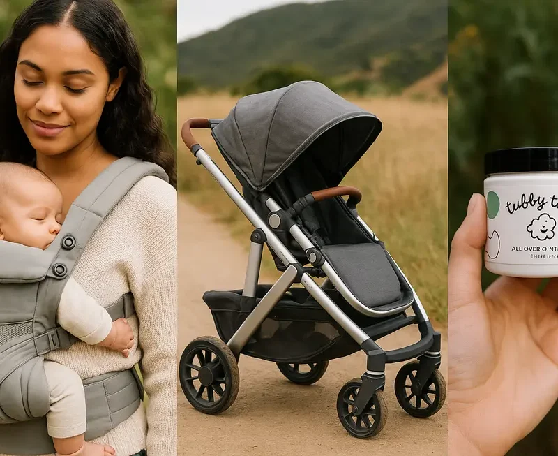 Collage of 2025’s leading baby products: carriers, strollers, and skincare, in an aesthetically pleasing display.
