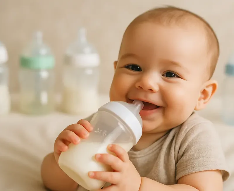A smiling baby holding a bottle, symbolizing a successful transition to anti-colic feeding.