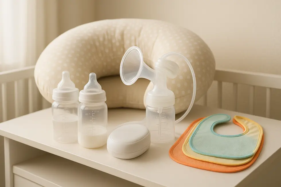 A collection of feeding essentials in a well-organized nursery.