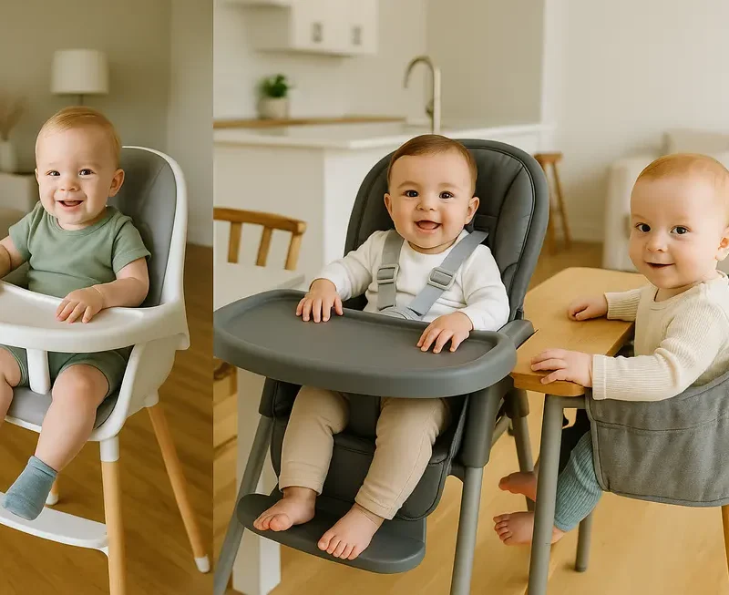 Collage of high chairs: Munchkin 360° Cloud, Inglesina My Time, Lalo Hook-On, showcasing their features in various family settings.
