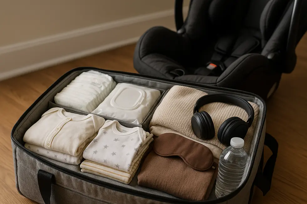 An organized hospital bag with essential items for baby and parents.