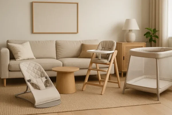 Family room with integrated minimalist baby accessories.