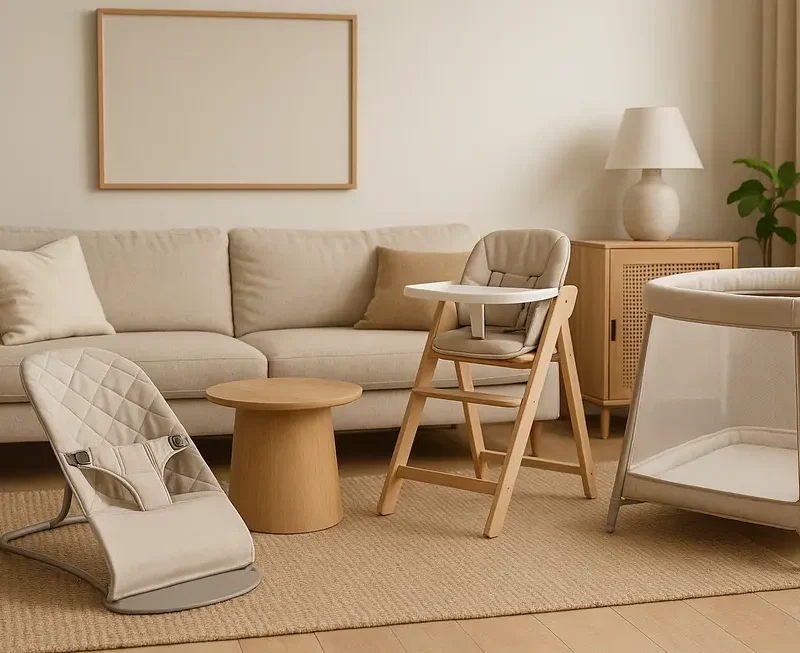 Family room with integrated minimalist baby accessories.