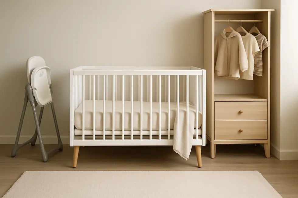 A minimalist nursery highlighting essential baby gear.