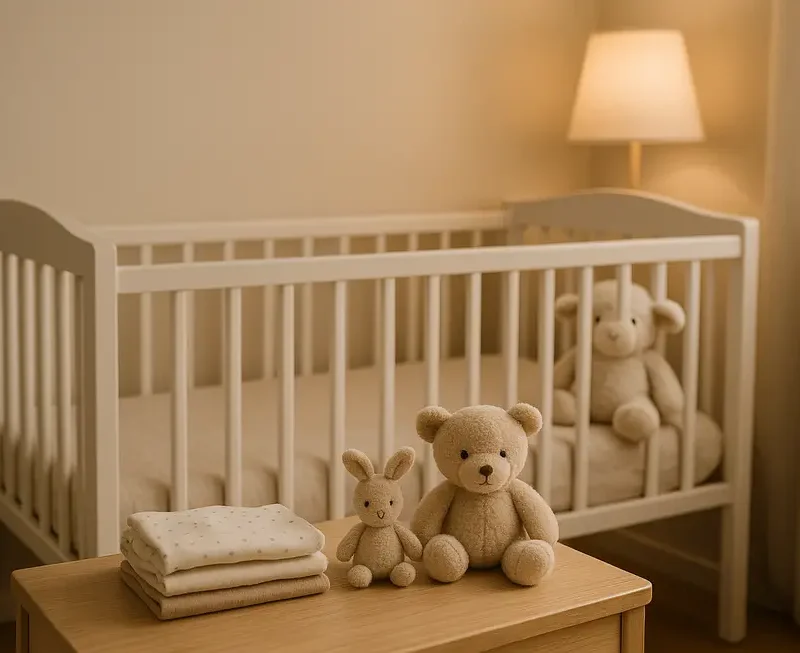 Image of a nursery with neatly arranged baby clothes and essential items.
