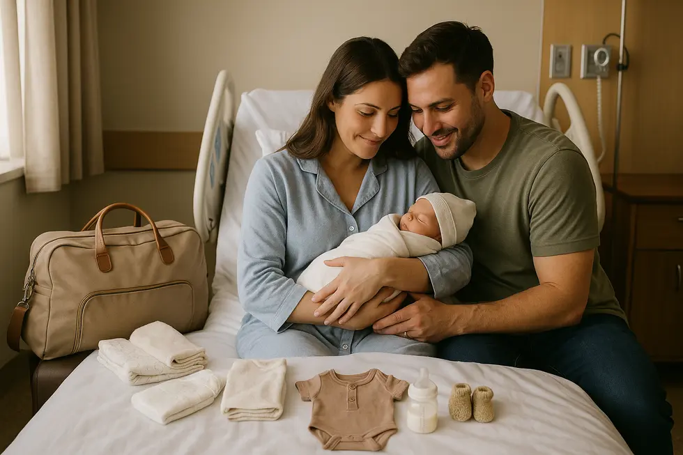 An organized hospital bag with essential items for baby and parents.
