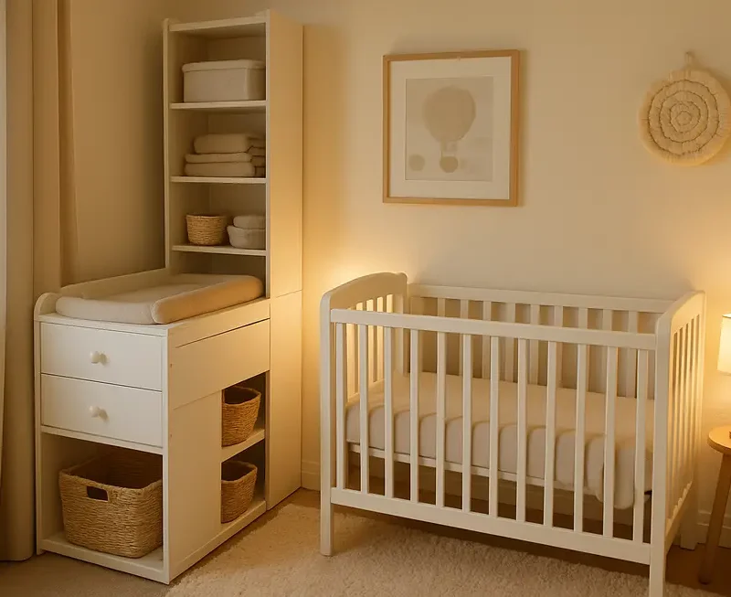 A well-organized, compact nursery with mini crib and storage, illustrating smart baby gear solutions.