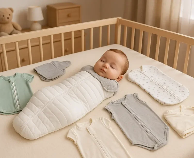 A baby peacefully sleeping in a modern swaddle, surrounded by serene nursery elements.